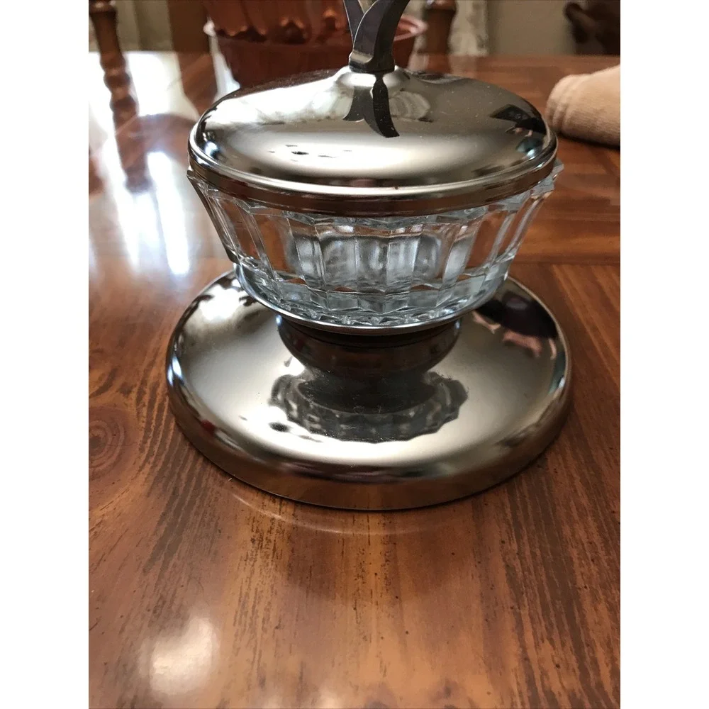 Vintage Lazy Susan Lid Bottom Glass‎ relish Jelly Dish Stainless Steel Bowl